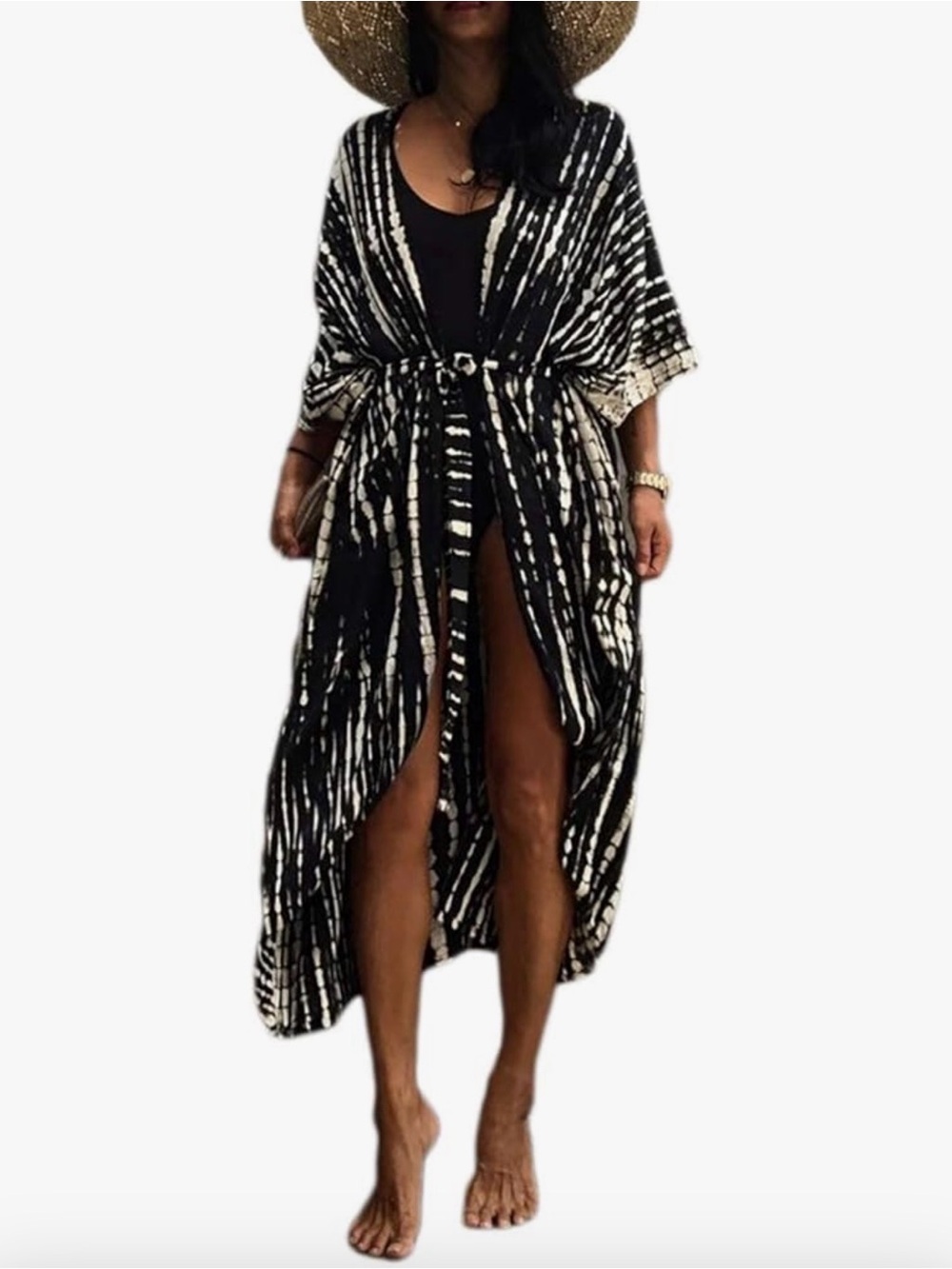 Black & White Tie-Dye Beach Kimono with Waist Tie